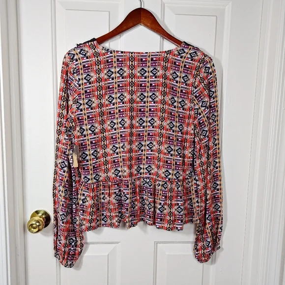 Wrangler Geometric Multicolor Patterned Black Lace V-neck Long Sleeve Top Smal - Picture 6 of 13